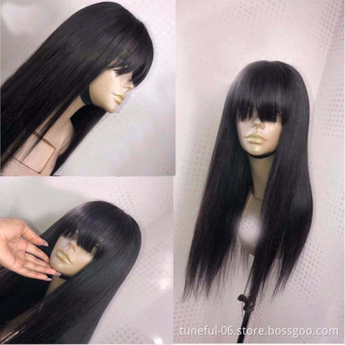 Short Human Hair Lace Closure Wigs With Bangs, Brazilian Straight Hair Bob Lace Wig With Front Fringe Bangs Ladies Hair Wigs